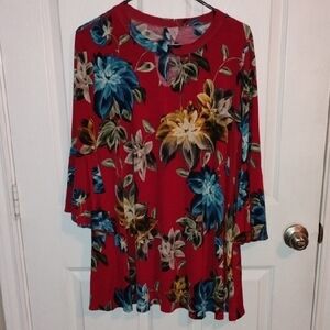 Elegant Floral Red Women's Dress With 2 Pockets